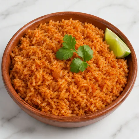 Spanish rice in a terracotta bowl with cilantro and lime on a wooden table