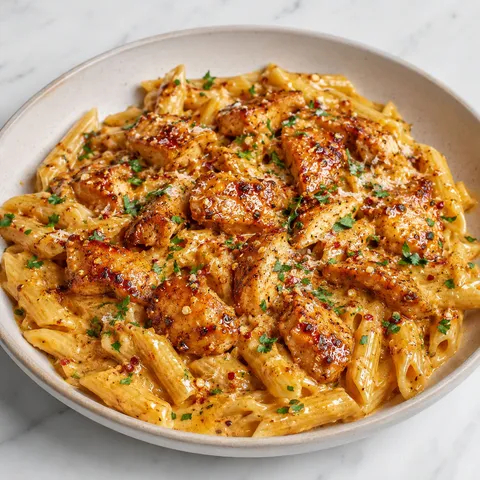Spicy Cajun honey butter chicken pasta with parsley and parmesan