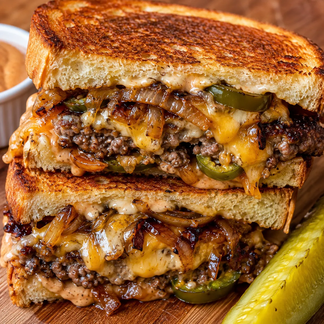 Spicy patty melt on Texas toast with melted cheese and jalapeños