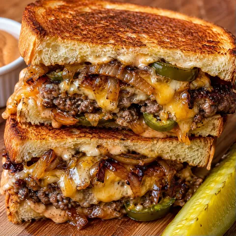 Spicy patty melt on Texas toast with melted cheese and jalapeños
