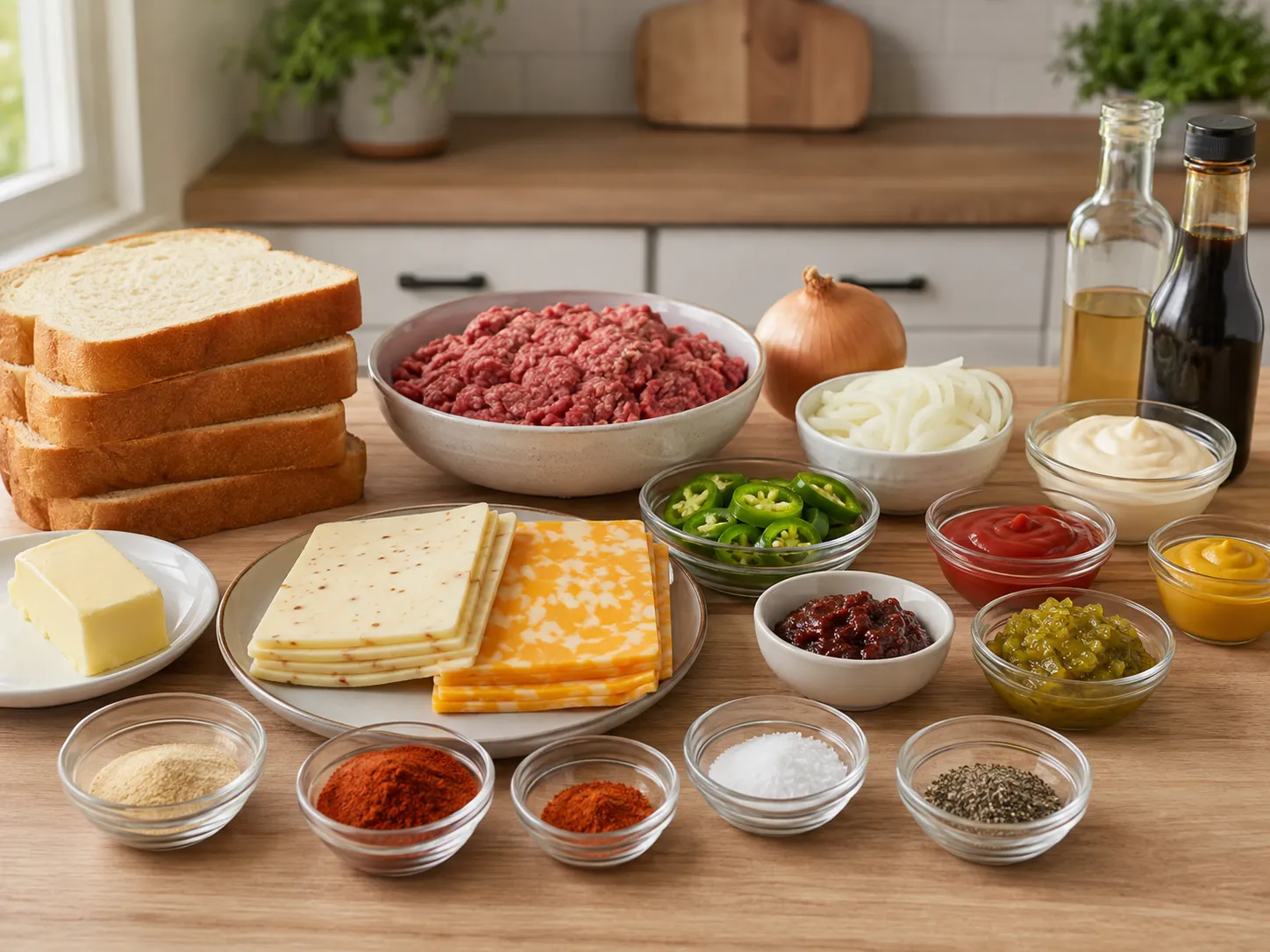 Ingredients for spicy patty melts with Texas toast, beef, cheese, onions, and jalapeños
