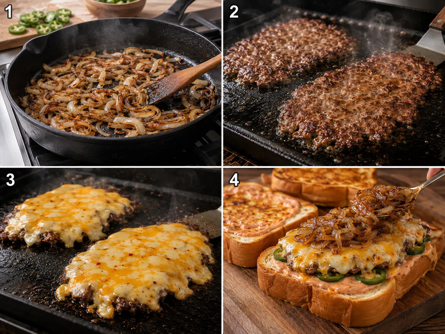 Four cooking steps for spicy patty melts on Texas toast