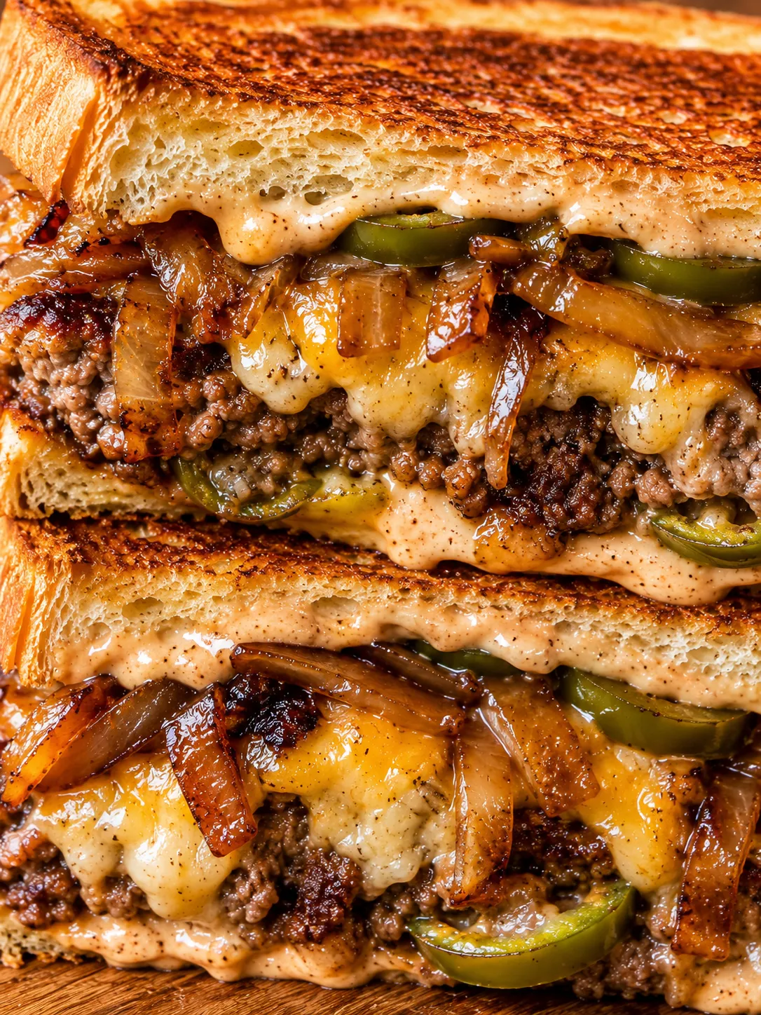 Spicy patty melt on Texas toast with cheese, onions, and jalapeños