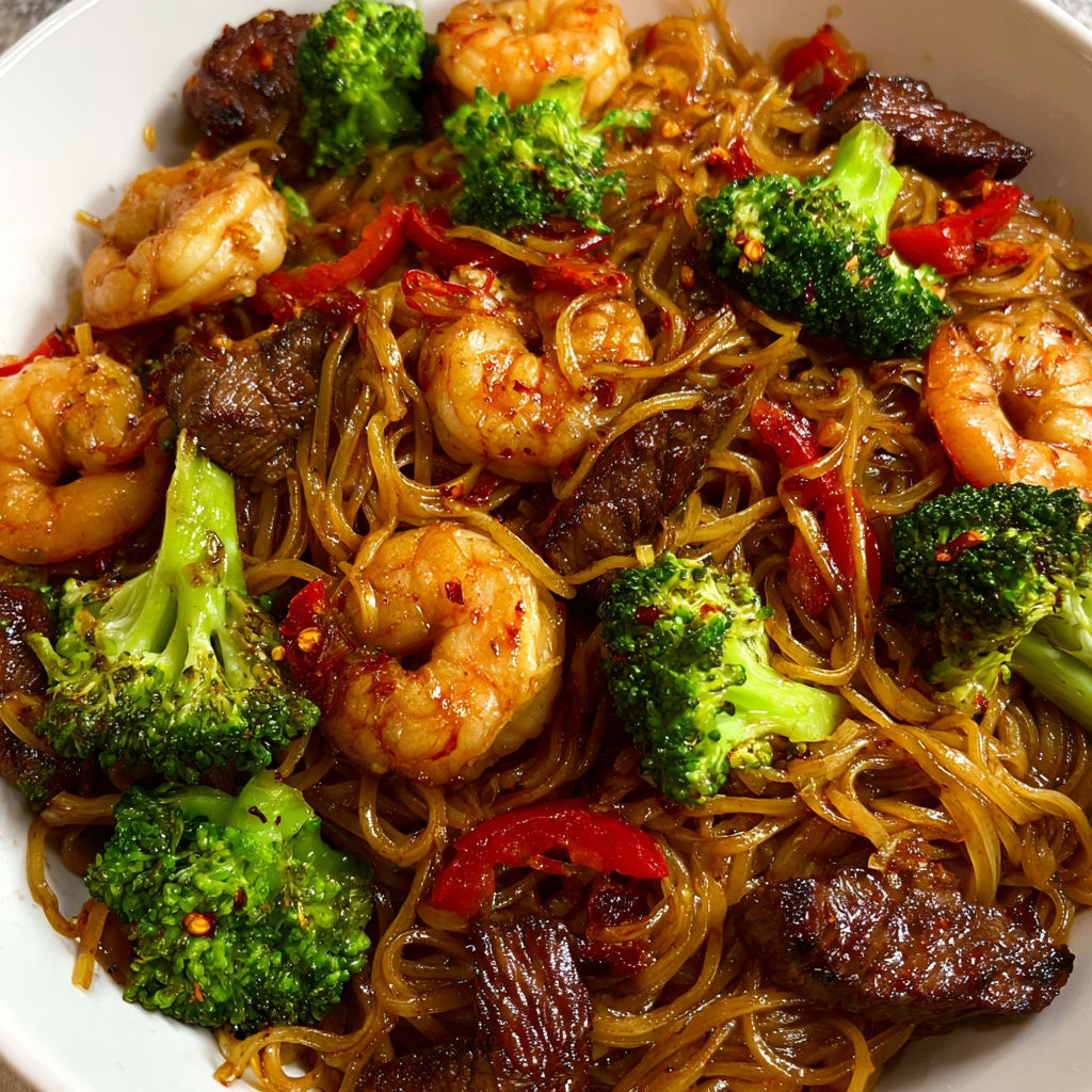 Spicy Peanut Chili Oil Noodles with Steak and Shrimp