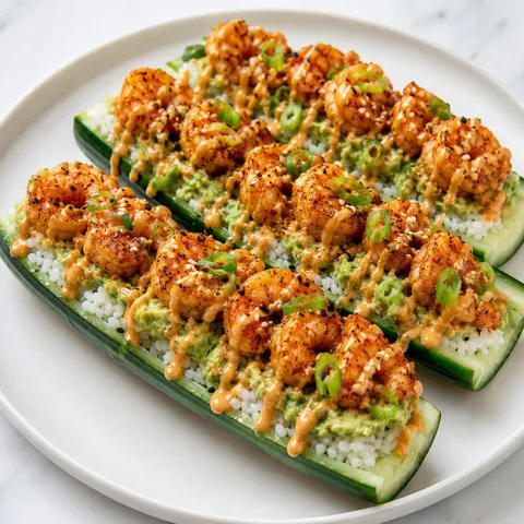 Spicy shrimp cucumber sushi boats with avocado, rice, and sesame