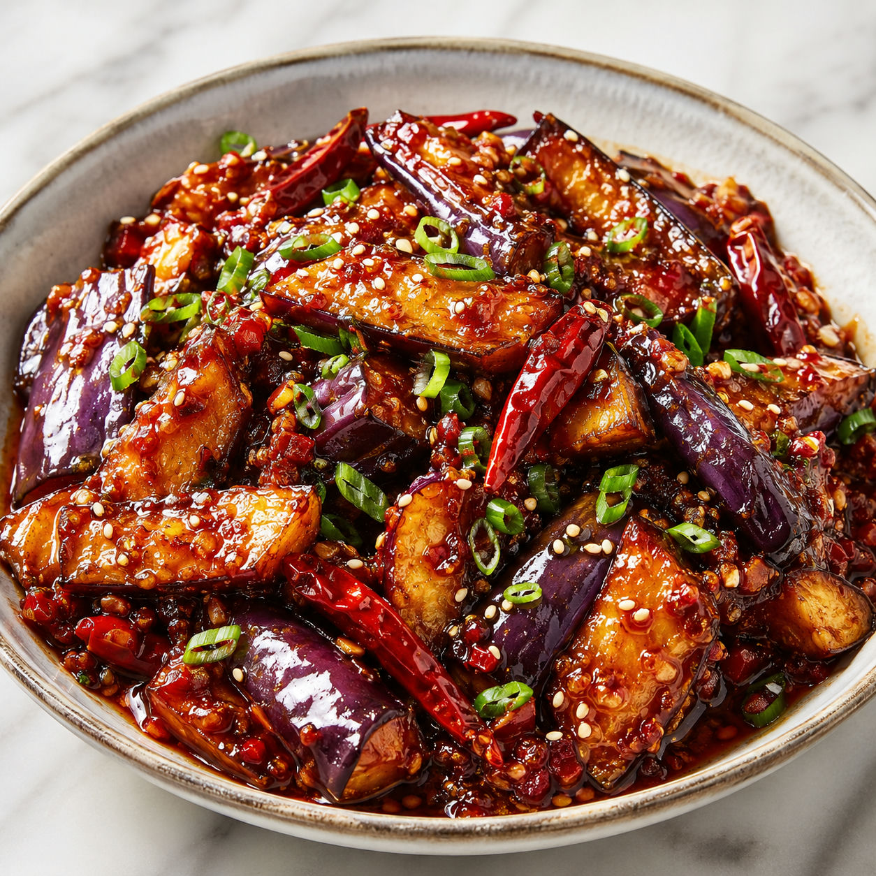 Spicy Sichuan eggplant with glossy chili sauce, scallions, and sesame seeds in a ceramic bowl