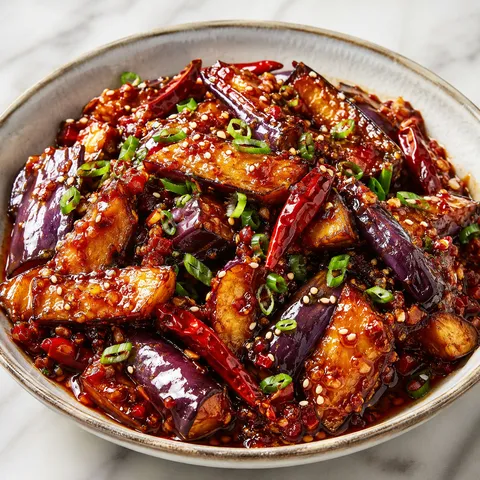 Spicy Sichuan eggplant with glossy chili sauce, scallions, and sesame seeds in a ceramic bowl