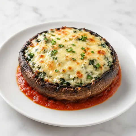 Spinach and cheese stuffed portobello mushroom with marinara and browned Parmesan