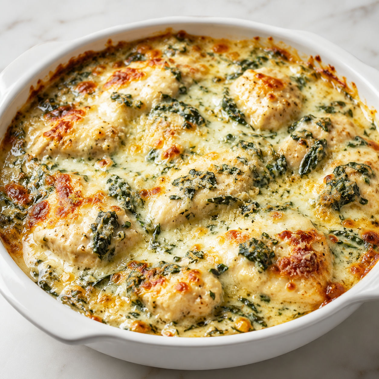 Spinach chicken casserole with melted mozzarella in a white baking dish