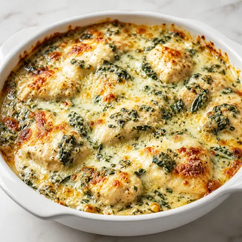 Spinach chicken casserole with melted mozzarella in a white baking dish