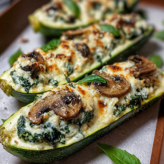 Spinach, Mushroom, and Ricotta Stuffed Zucchini Boats with Basil