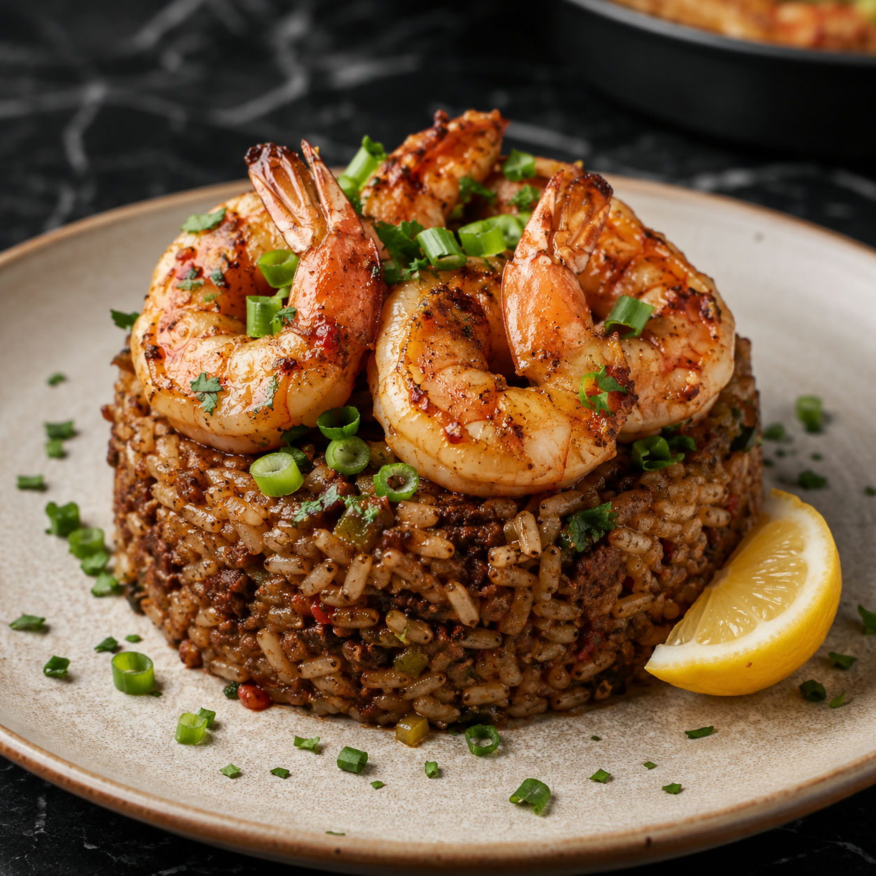 Stacked shrimp dirty rice tower with Cajun shrimp, green onions, and parsley on a ceramic plate