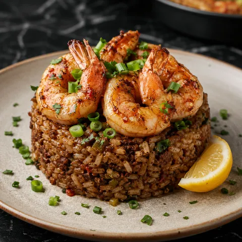 Stacked shrimp dirty rice tower with Cajun shrimp, green onions, and parsley on a ceramic plate