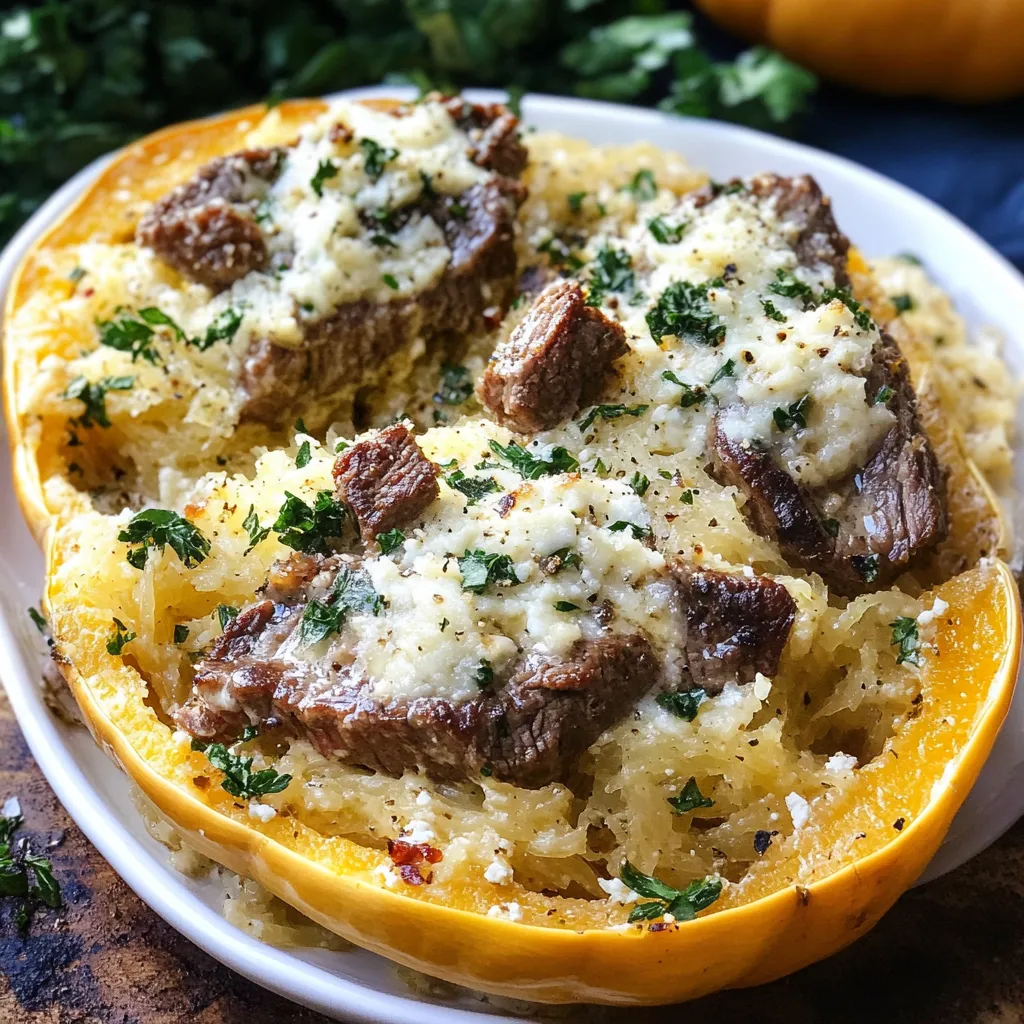 Creamy Steak Gorgonzola Over Spaghetti Squash