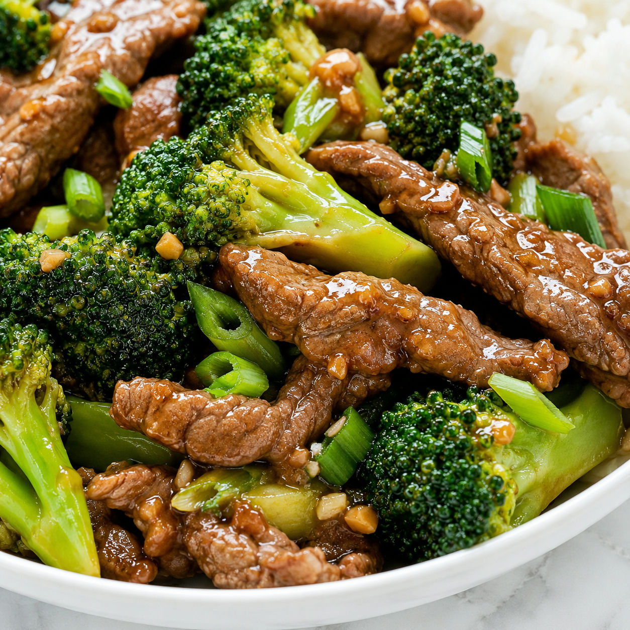 Steak and broccoli stir-fry with glossy sauce and green onions