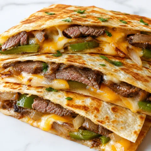 Steak and cheese quesadilla wedges with peppers, onions, salsa, and lime