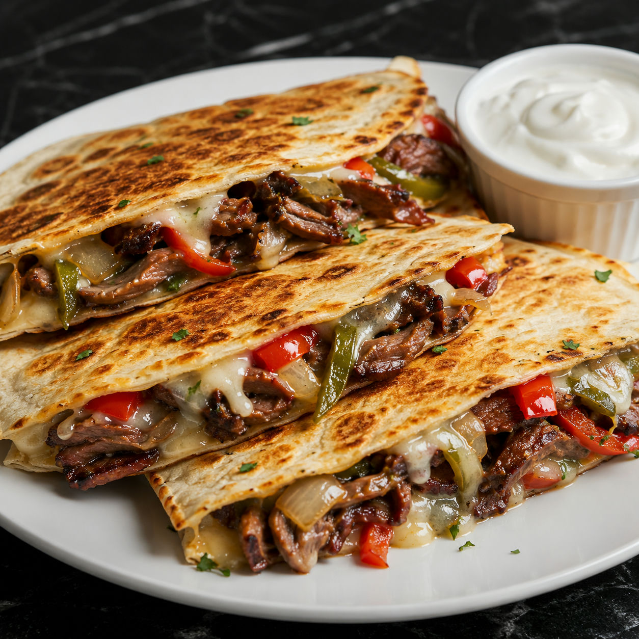 Steak cheese steak quesadillas with peppers, onions, and melted cheese