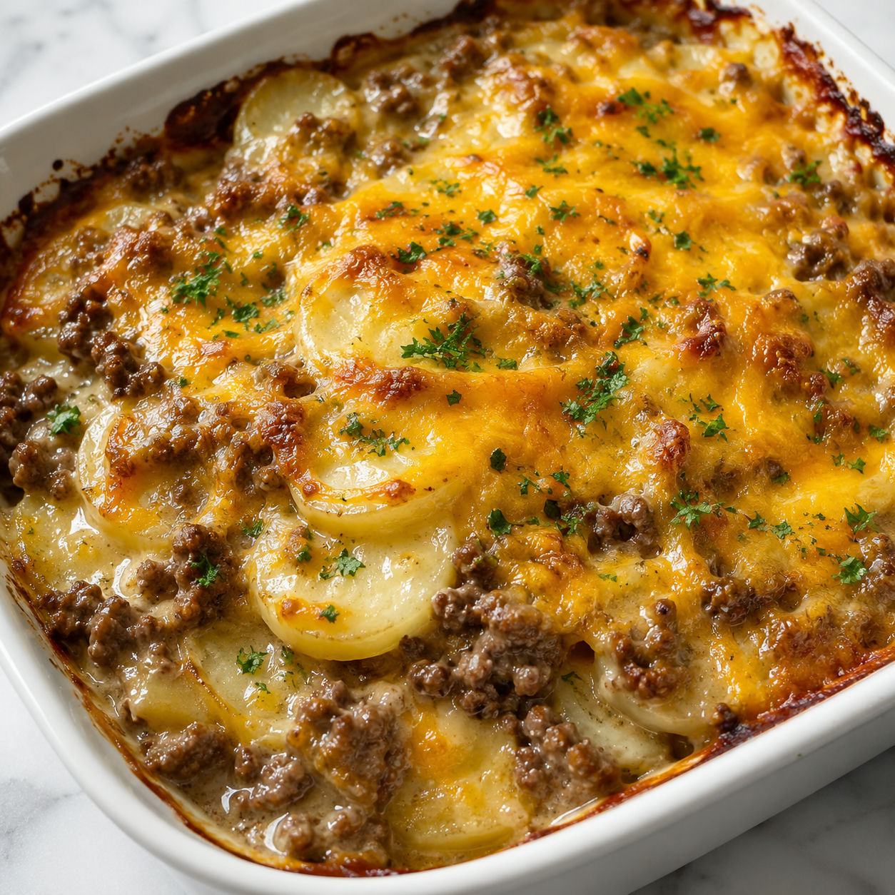 Beef and potato casserole with melted cheddar and parsley