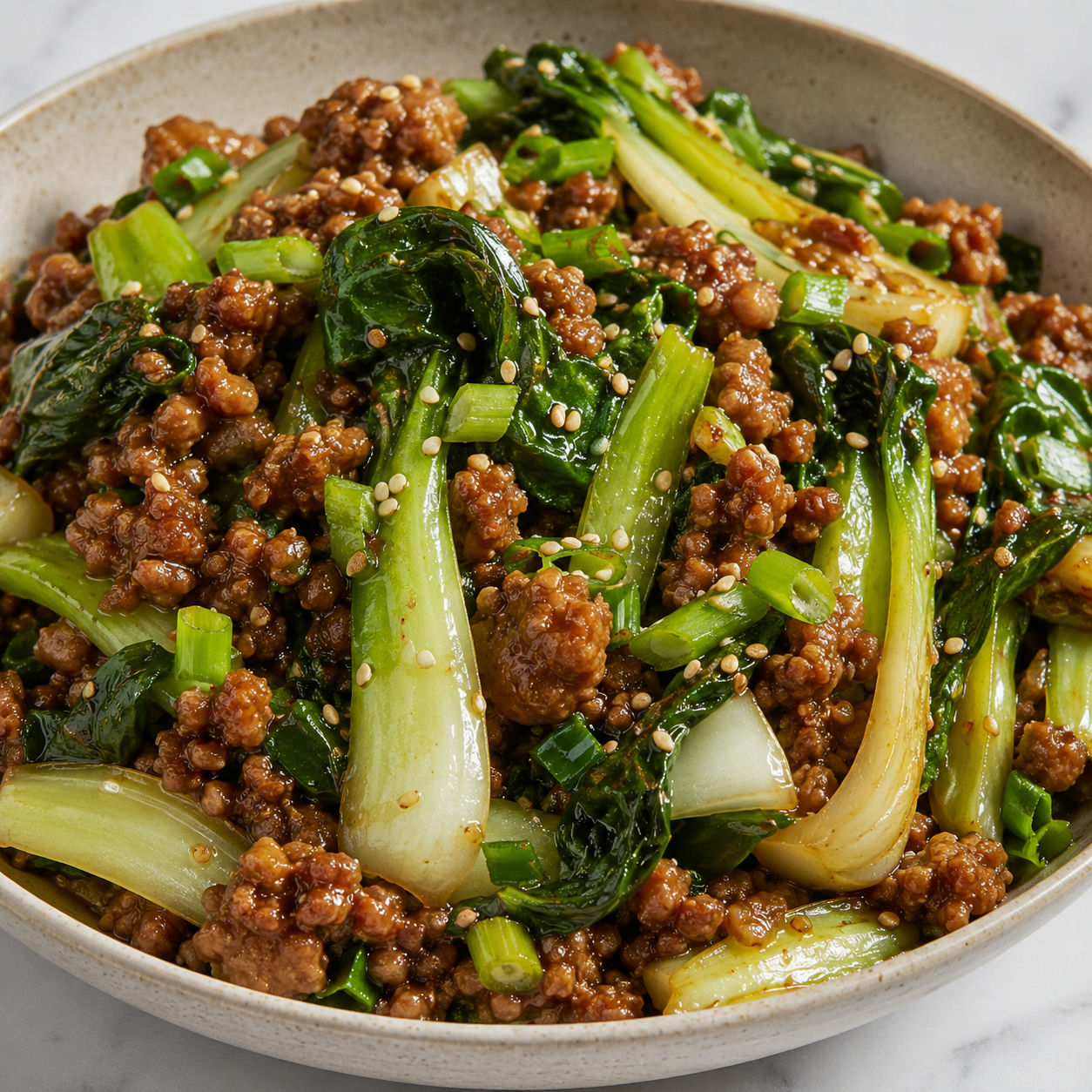 Stir-fried bok choy with ground meat, scallions, and sesame seeds
