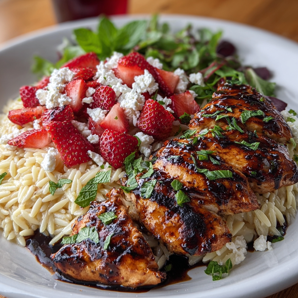 Strawberry Balsamic Chicken with Herbed Orzo and Fresh Herbs