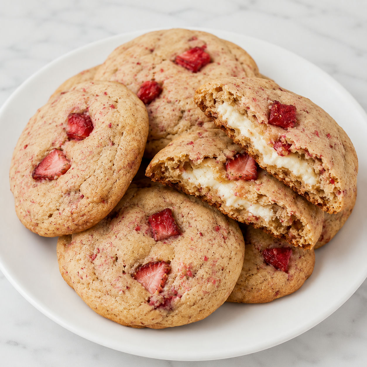 Strawberry cheesecake cookies with creamy centers and berry pieces