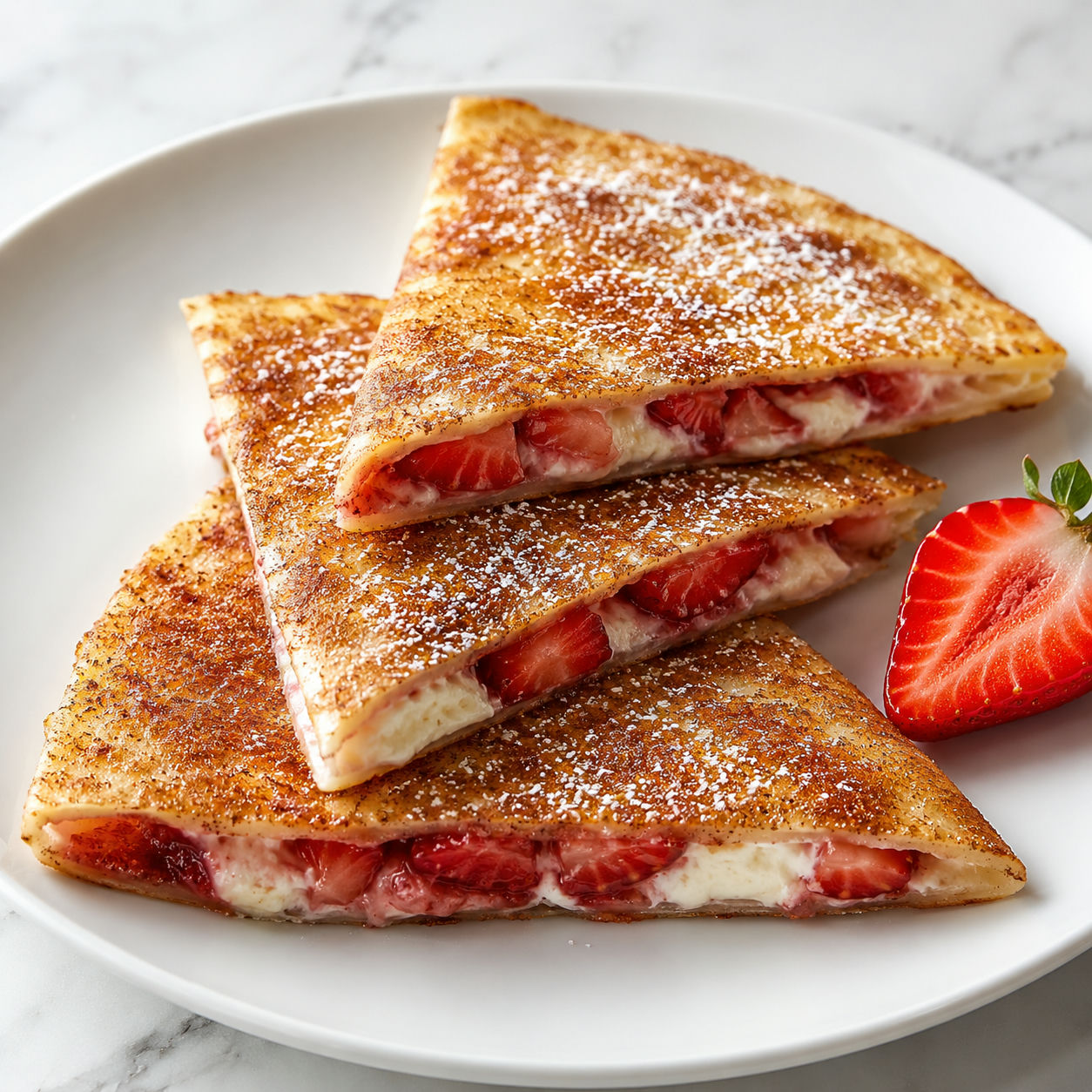 Strawberry cheesecake quesadilla wedges with cream cheese filling and powdered sugar on a white plate
