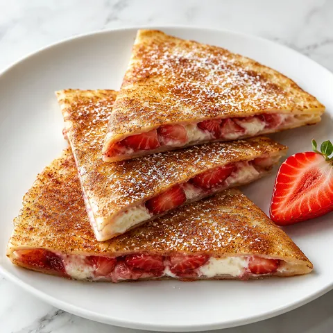 Strawberry cheesecake quesadilla wedges with cream cheese filling and powdered sugar on a white plate