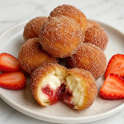 Strawberry cheesecake stuffed donut holes with creamy berry filling