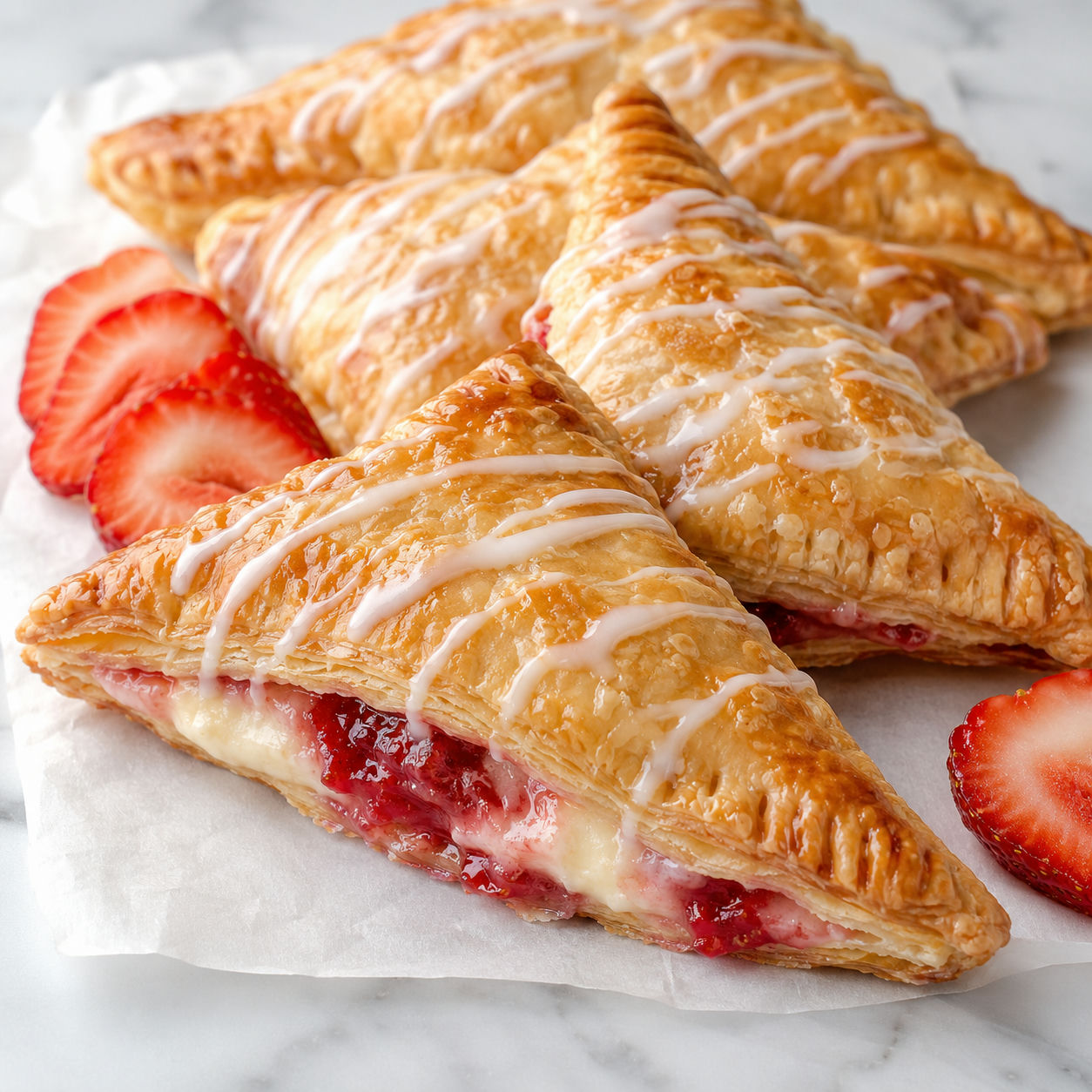 Golden strawberry cheesecake turnovers with glaze and fresh strawberries