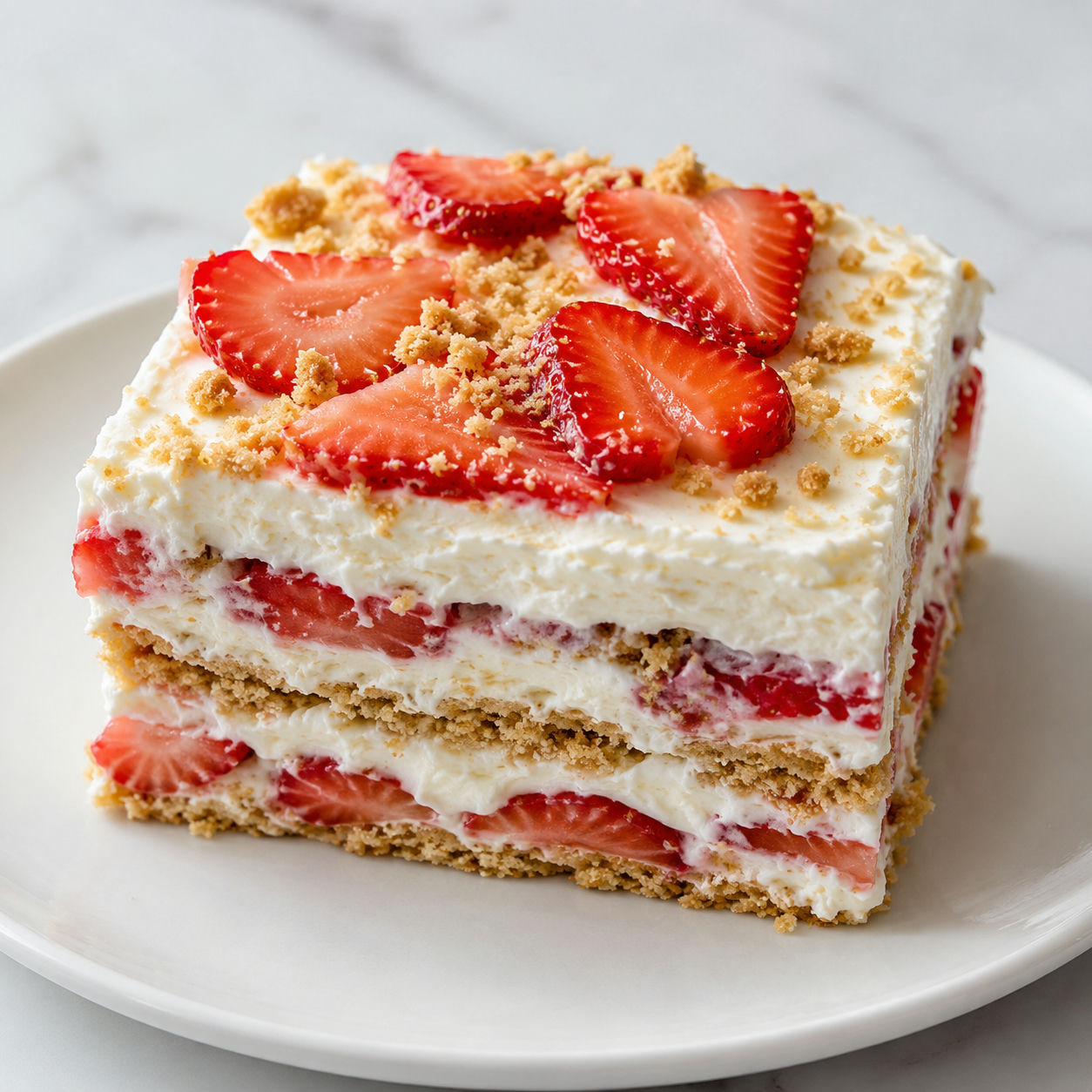 Strawberry cream cheese icebox cake slice with graham cracker layers