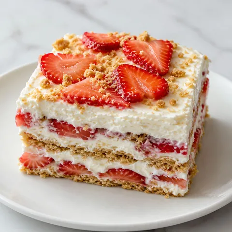 Strawberry cream cheese icebox cake slice with graham cracker layers