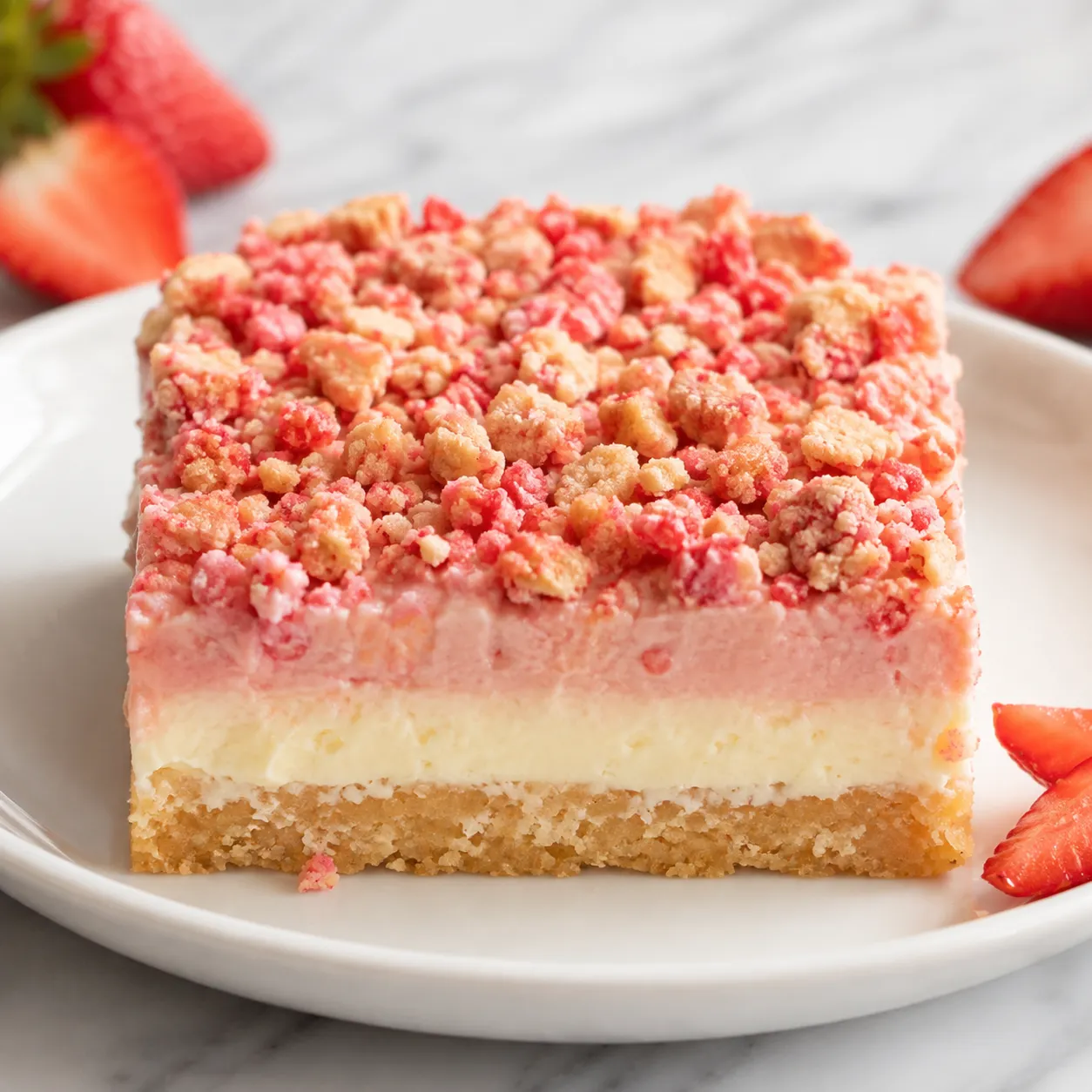 Strawberry crunch cheesecake bars with pink crumb topping