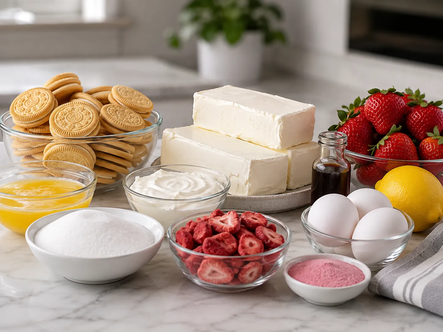 Ingredients for strawberry crunch cheesecake bars on a marble counter