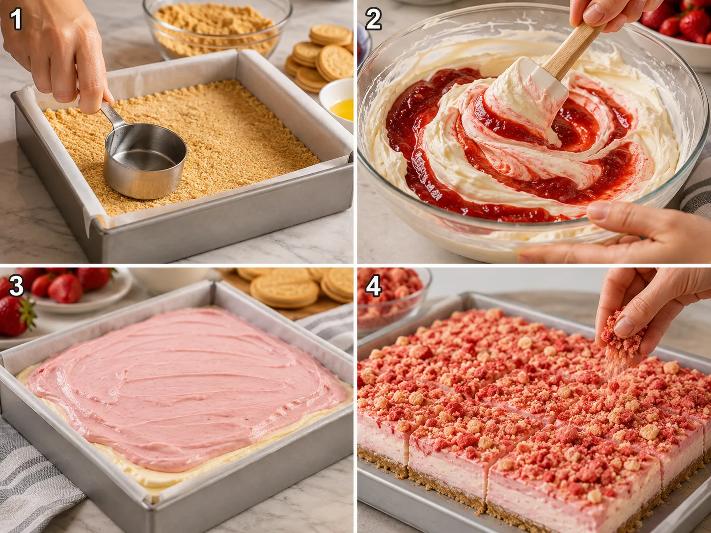 Four steps for making strawberry crunch cheesecake bars