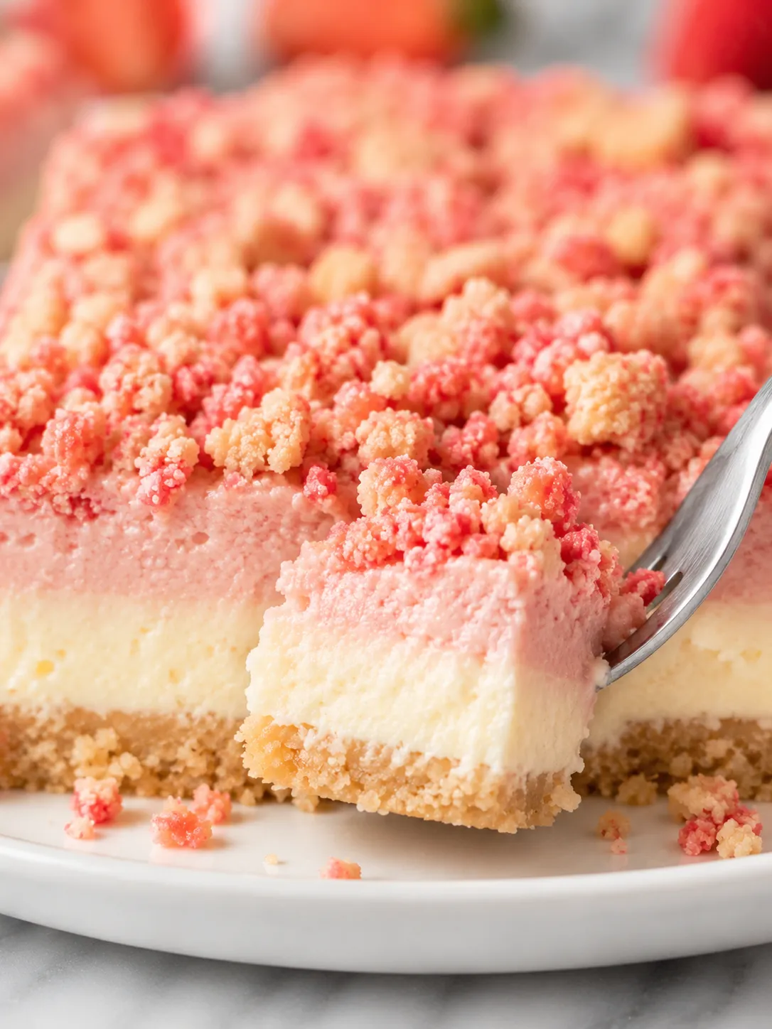 Strawberry crunch cheesecake bars with creamy layers and crumb topping