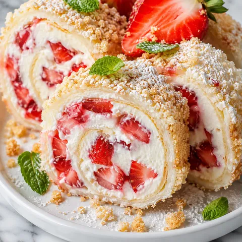 Strawberry shortcake cheesecake rolls with crumbs and fresh berries
