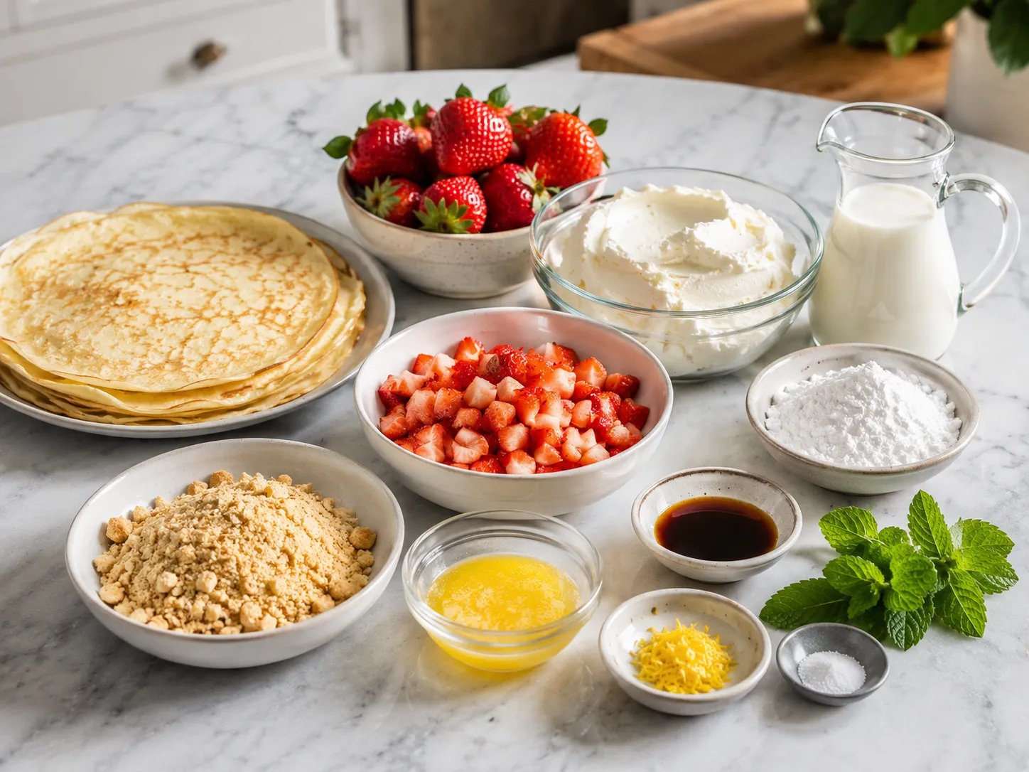 Ingredients for strawberry shortcake cheesecake rolls on a marble counter