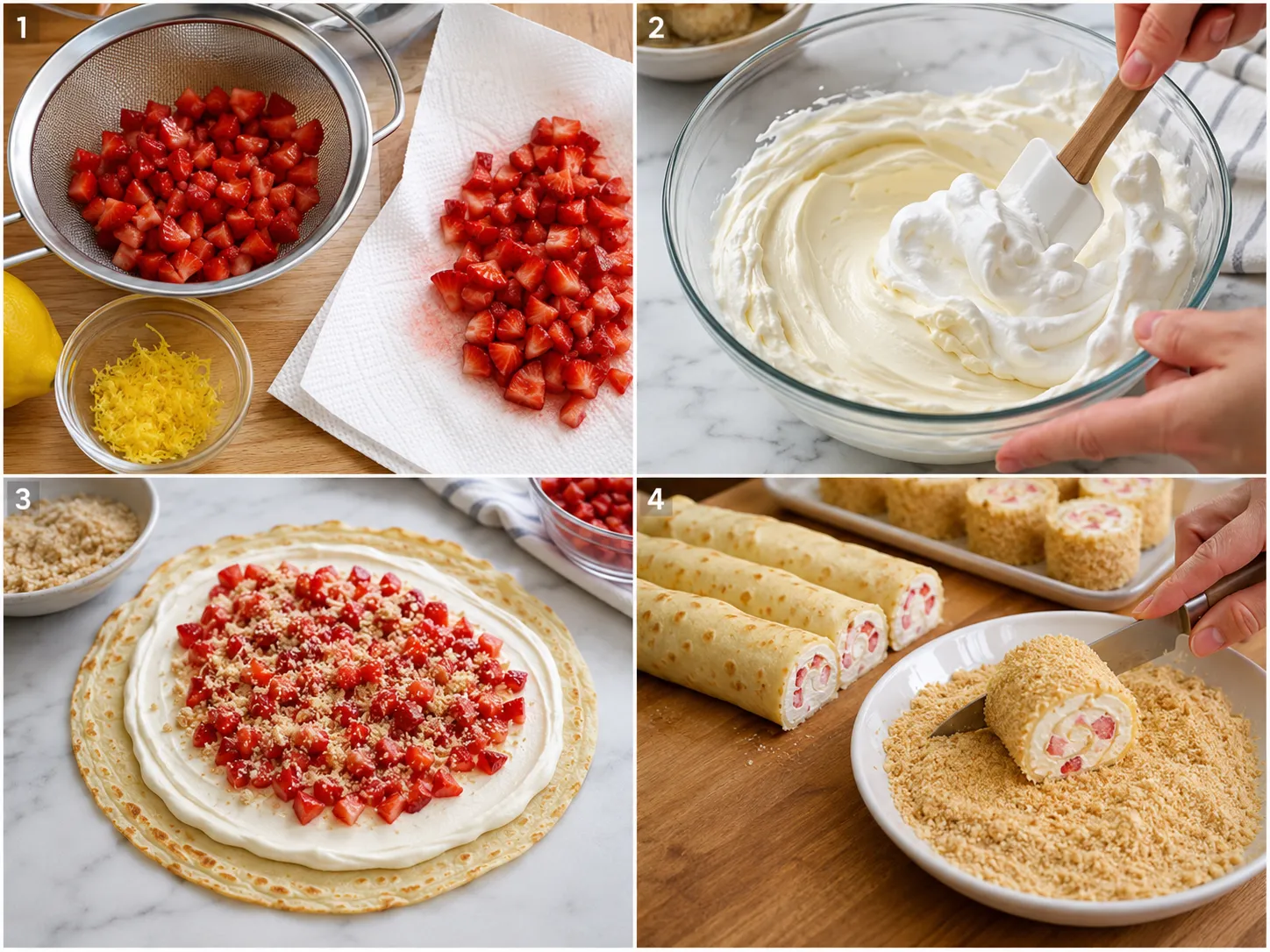 Steps for making strawberry shortcake cheesecake rolls