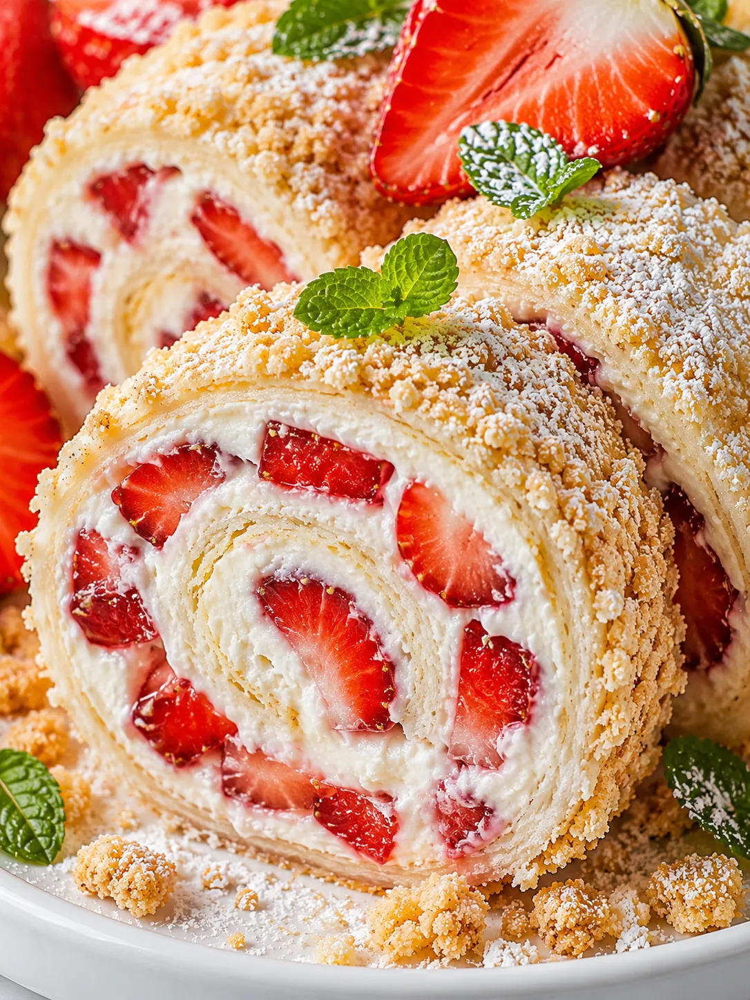 Strawberry shortcake cheesecake rolls stacked with berries and crumbs