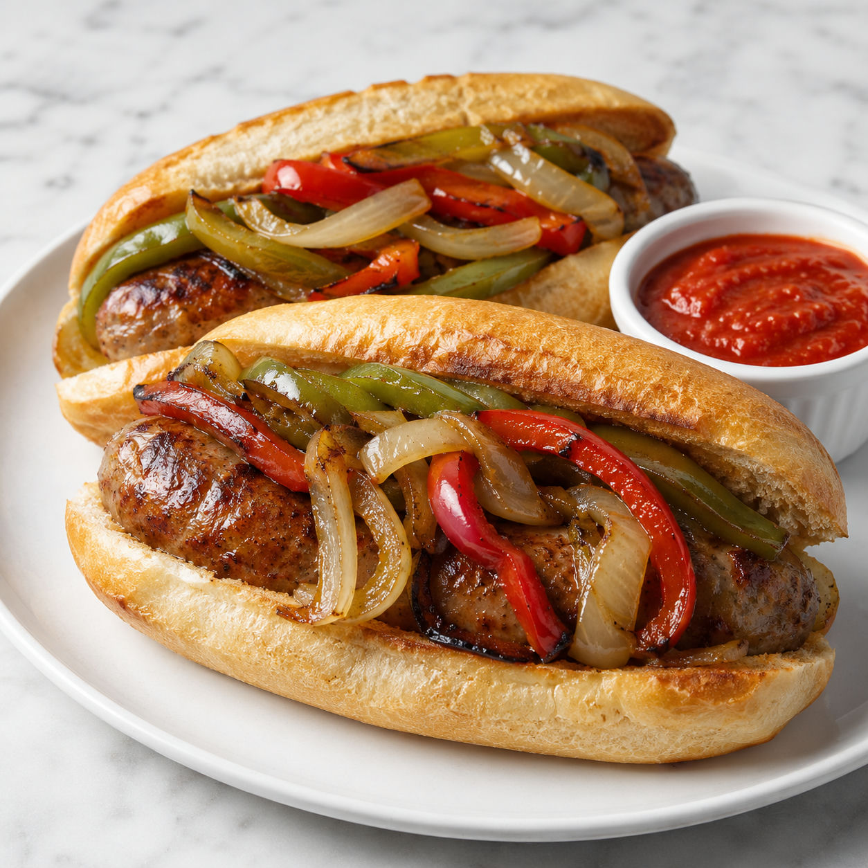 Street fair sausage heroes with peppers and onions on toasted rolls