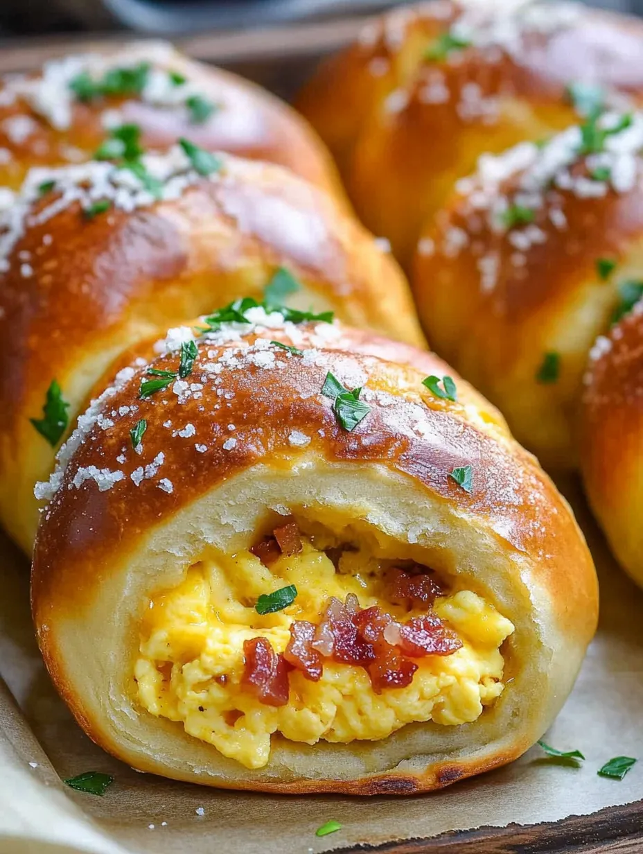 Stuffed Breakfast Pretzel Rolls with Eggs, Bacon and Cheese