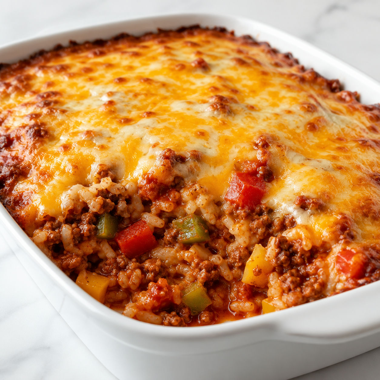 Stuffed pepper casserole with ground beef, rice, and melted cheese in a white baking dish