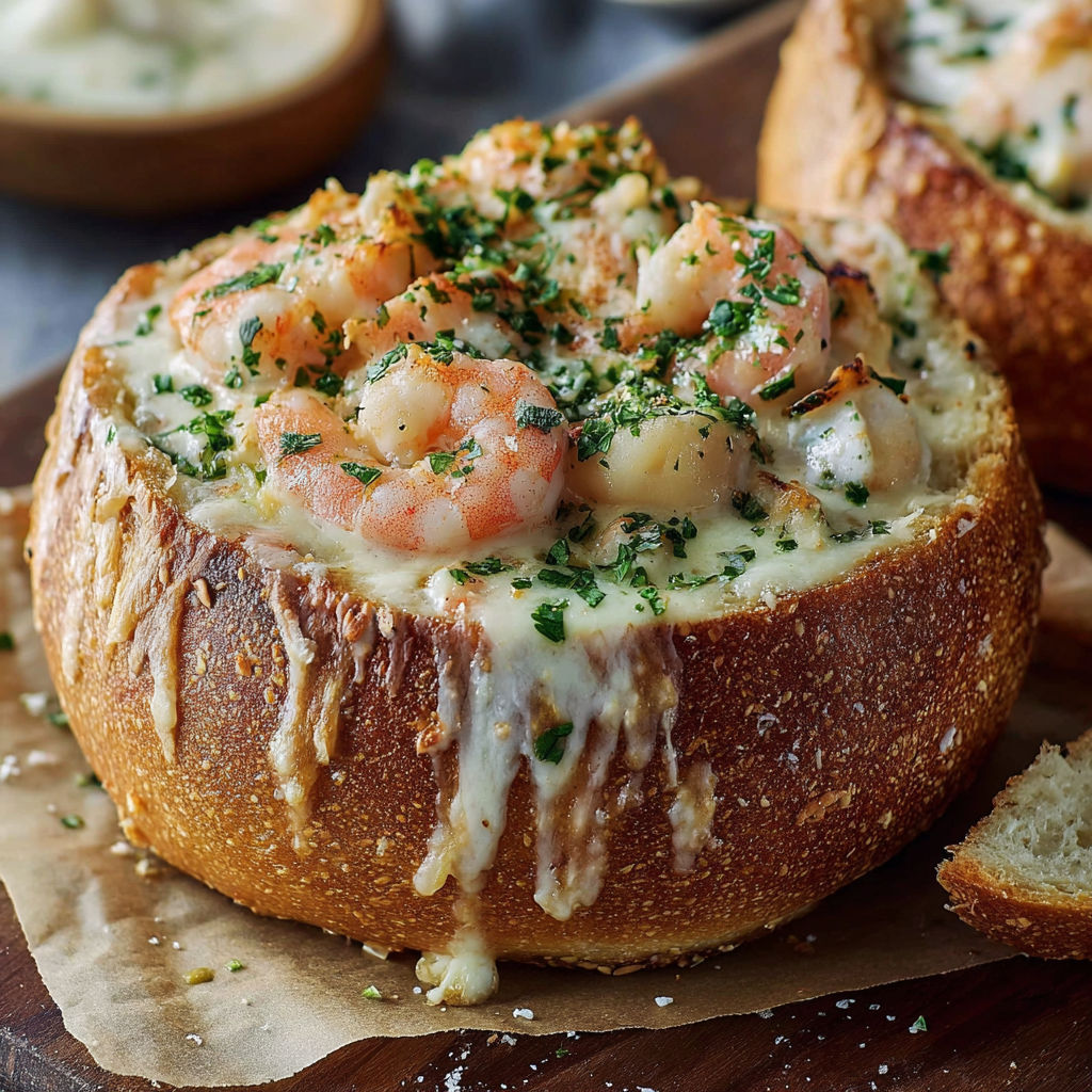 Crusty Bread Bowl with Creamy Seafood and Cheese Filling