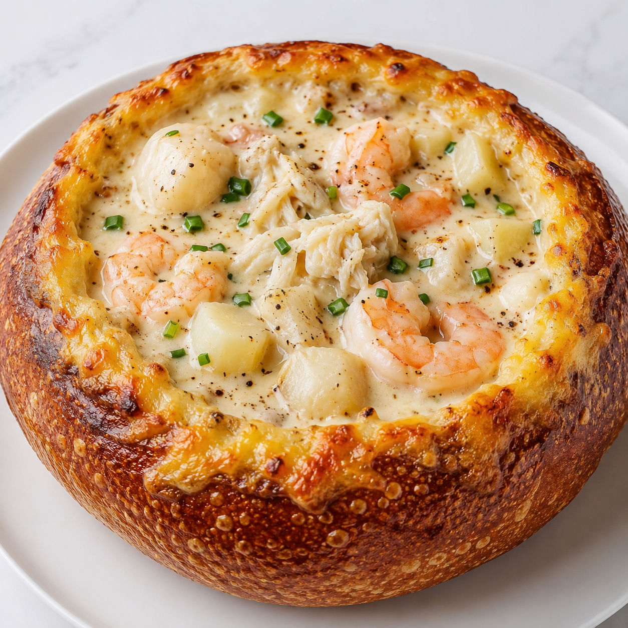 Creamy seafood soup in a toasted sourdough bread bowl with shrimp and crab