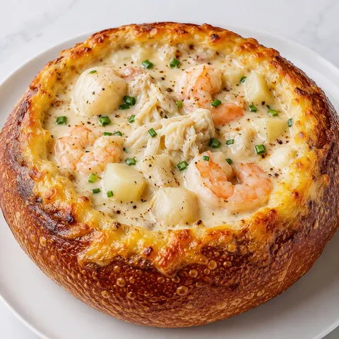 Creamy seafood soup in a toasted sourdough bread bowl with shrimp and crab
