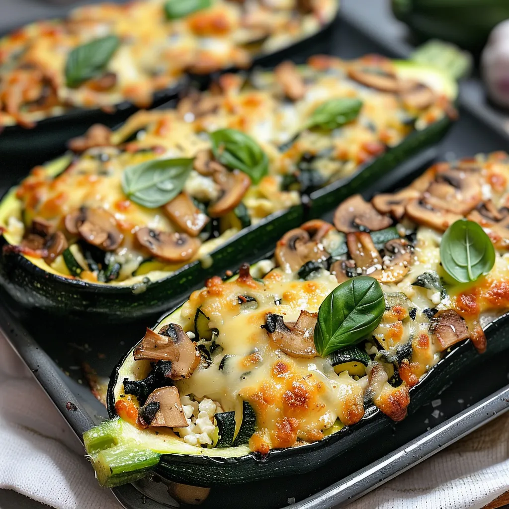Easy Spinach, Mushroom and Ricotta Stuffed Zucchini Boats