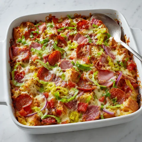 Subway BMT-style casserole with melted cheese, pepperoni, ham, and toppings