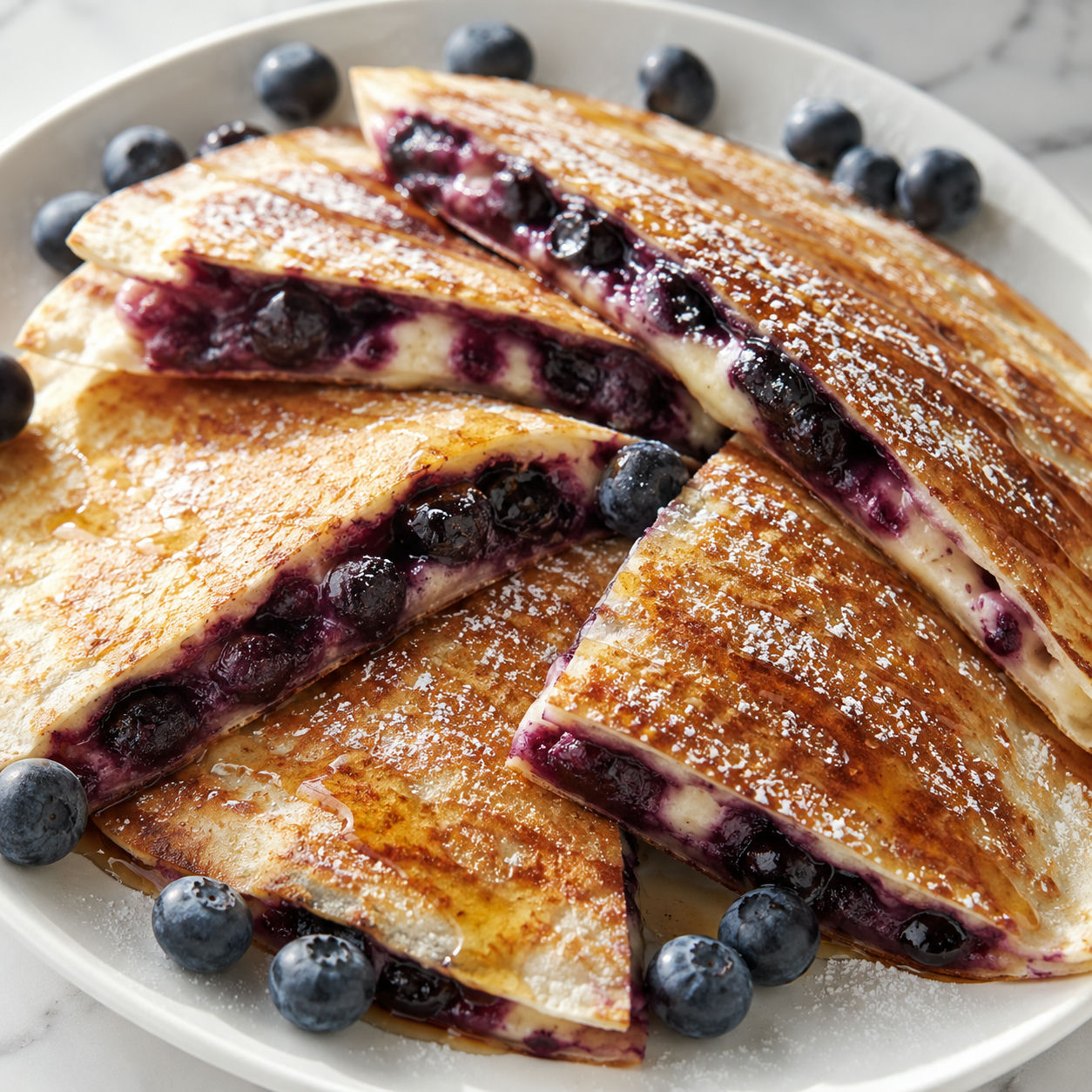 Blueberry breakfast quesadilla wedges dusted with powdered sugar on a white plate