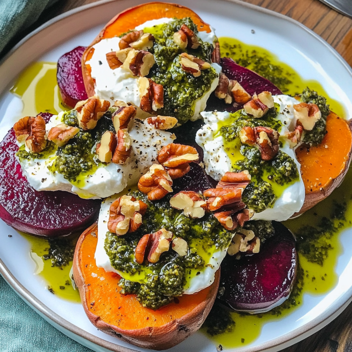 Sweet Potatoes with Burrata and Pesto