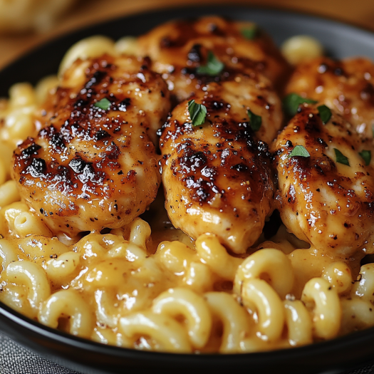 Sweet and Spicy Honey Pepper Chicken with Macaroni and Cheese